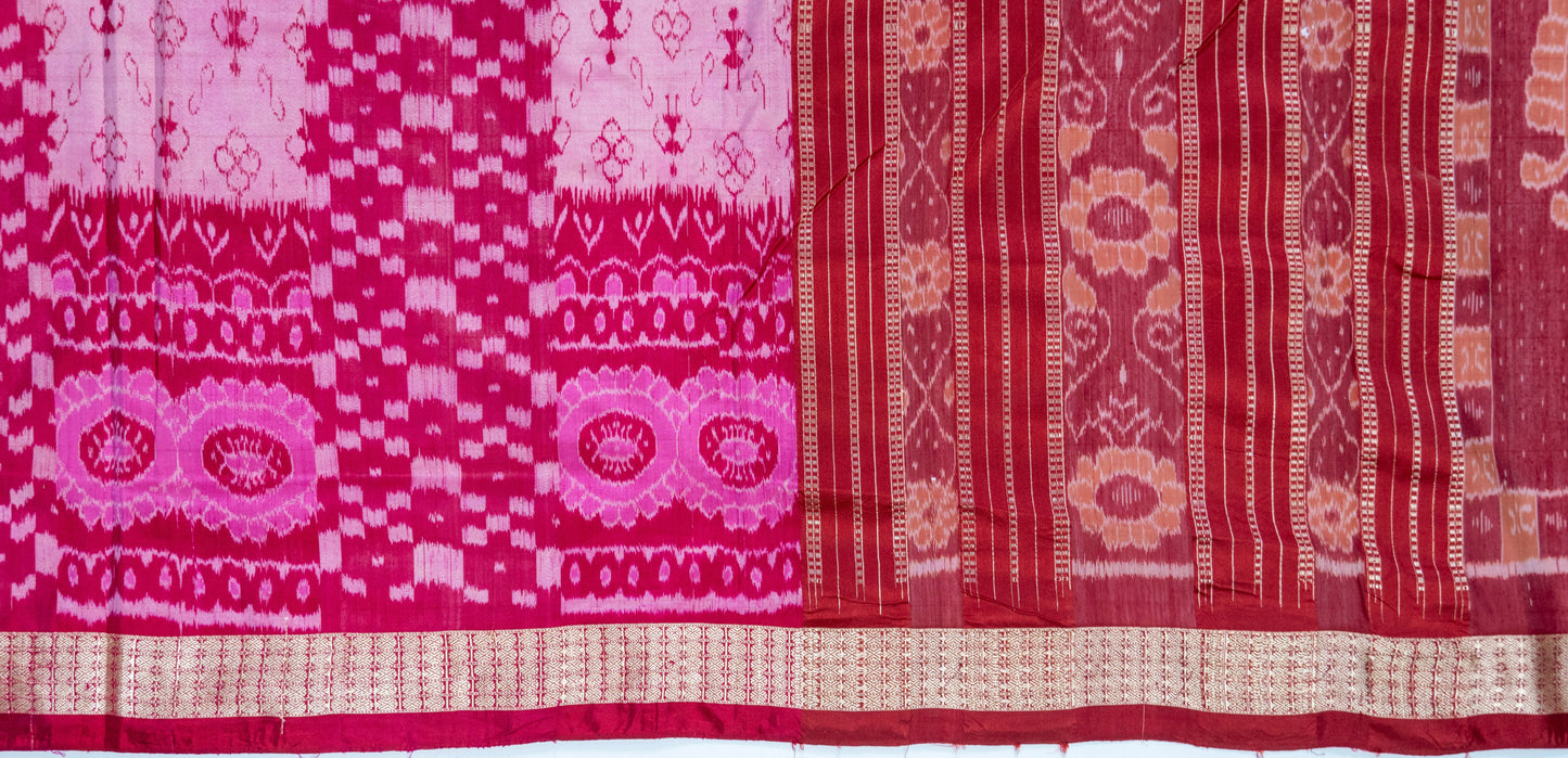 Guldaudi~ Red-Pink Sambalpuri Silk Saree – Odisha’s Timeless Ikat in Vibrant Hues