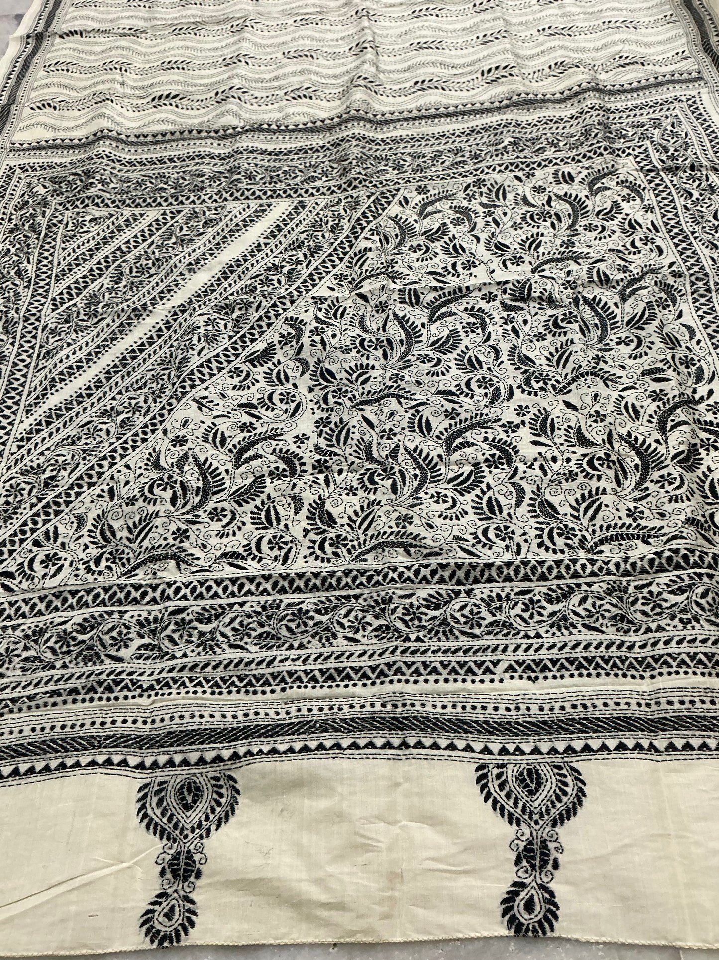 Dhavalpushp~ Kantha Embroidered Ivory Pure Tussar Silk Saree