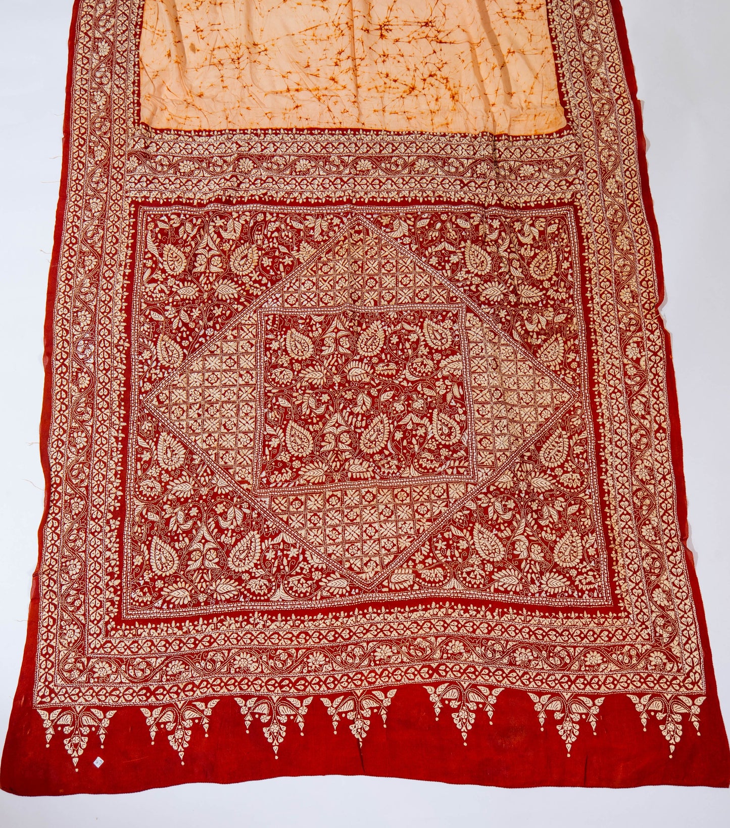 Naagdamini~ Deep Maroon & Ivory Pure Crepe Silk Saree with Hand Batik & Kantha Embroidery – A Heritage Weave from Bengal
