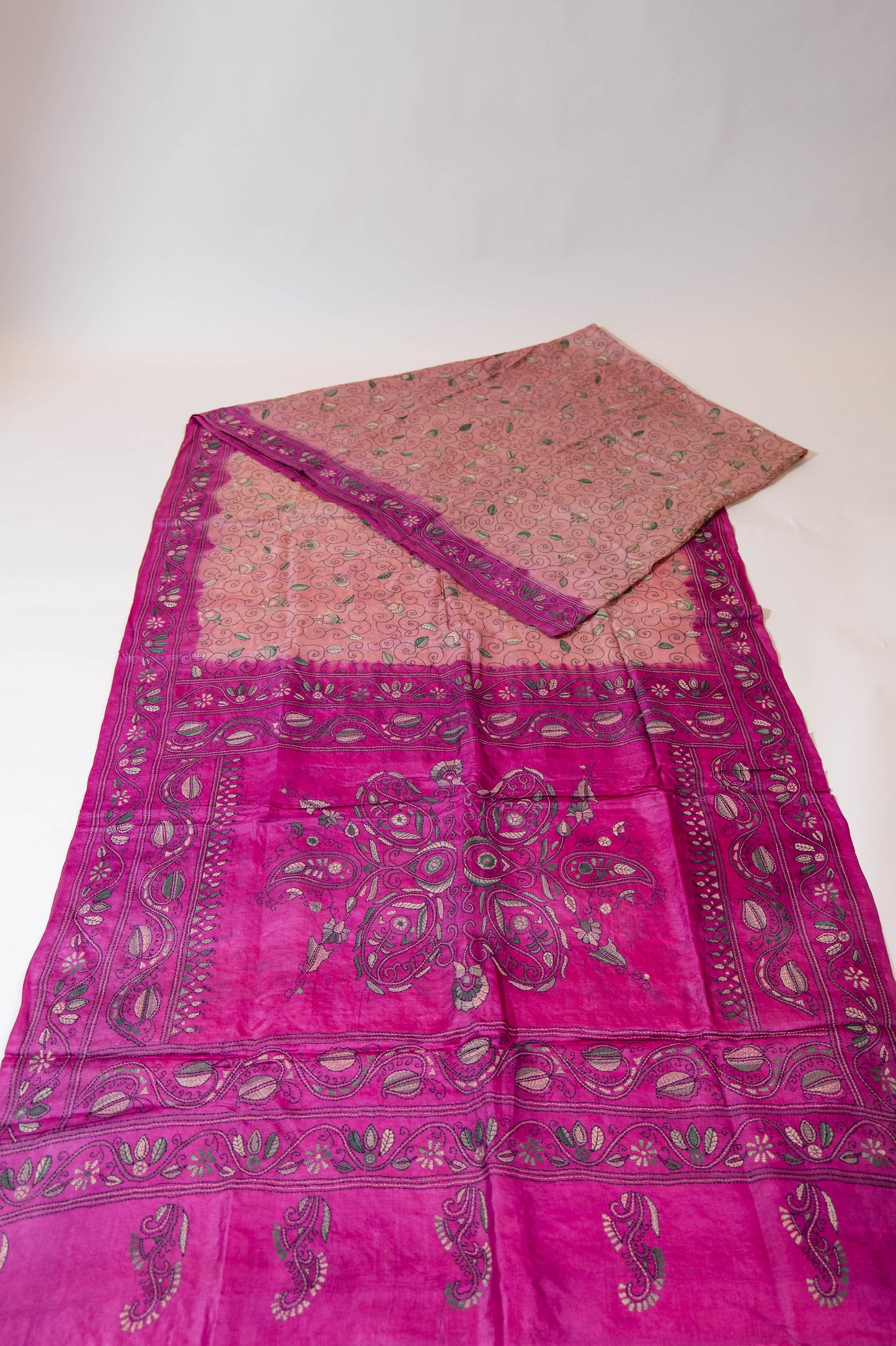 Gulmohar~ Amber & Sand-Shaded Pure Tussar Silk Saree with Hand Kantha Embroidery – A Timeless Weave from Bengal