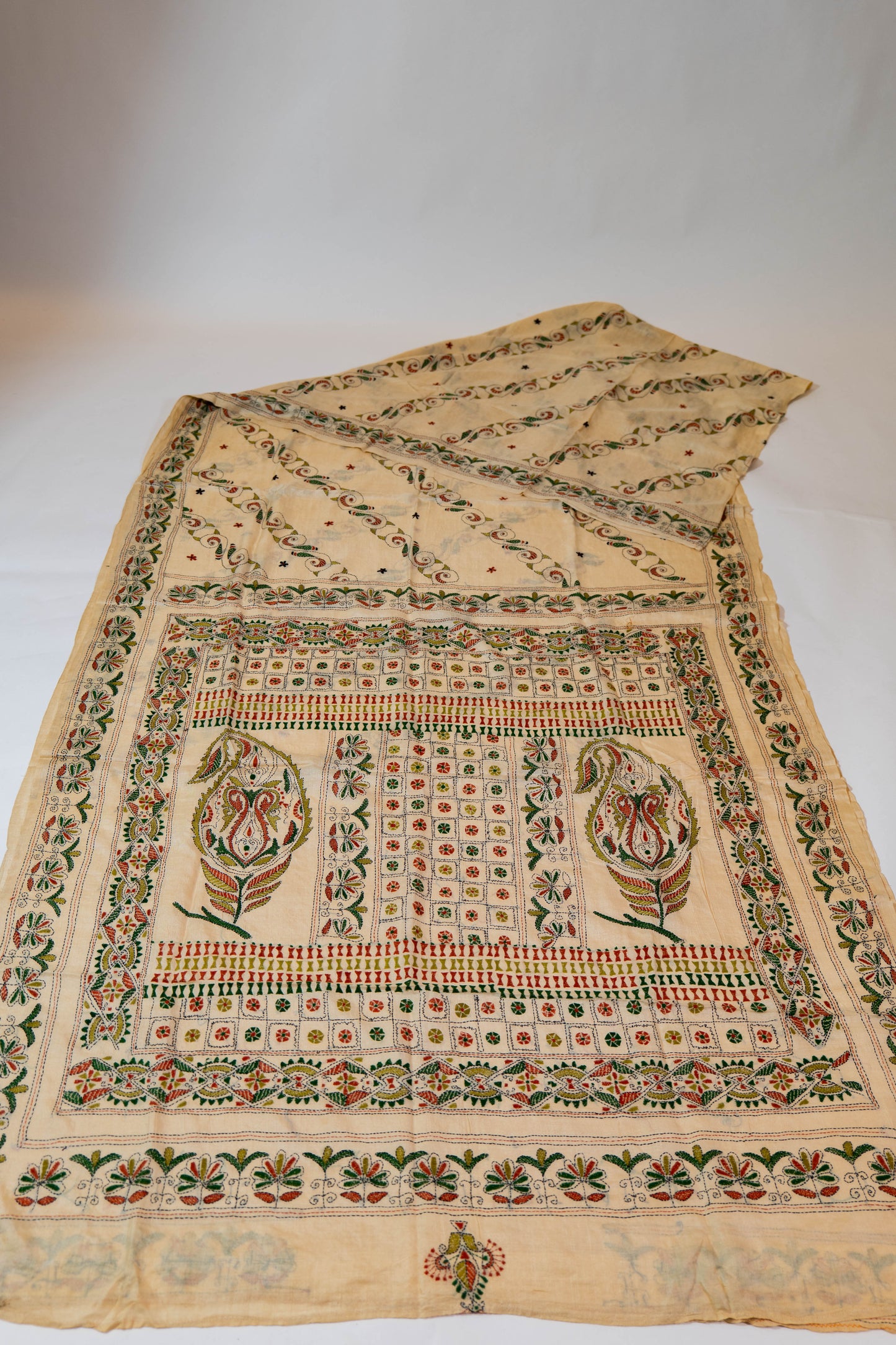 Chhuimui~ Natural Beige Pure Tussar Silk Saree with Hand Kantha Embroidery – A Classic from Bengal’s Looms