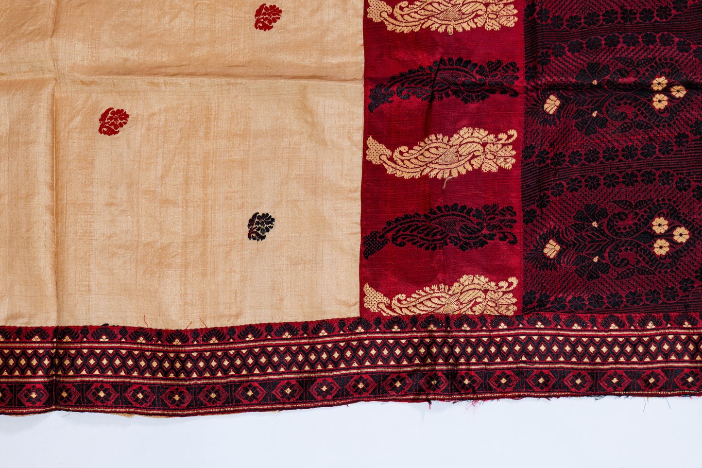 Chandan~ Sandalwood & Garnet Assam Mulberry Silk Saree – A Refined Weave from the Northeast