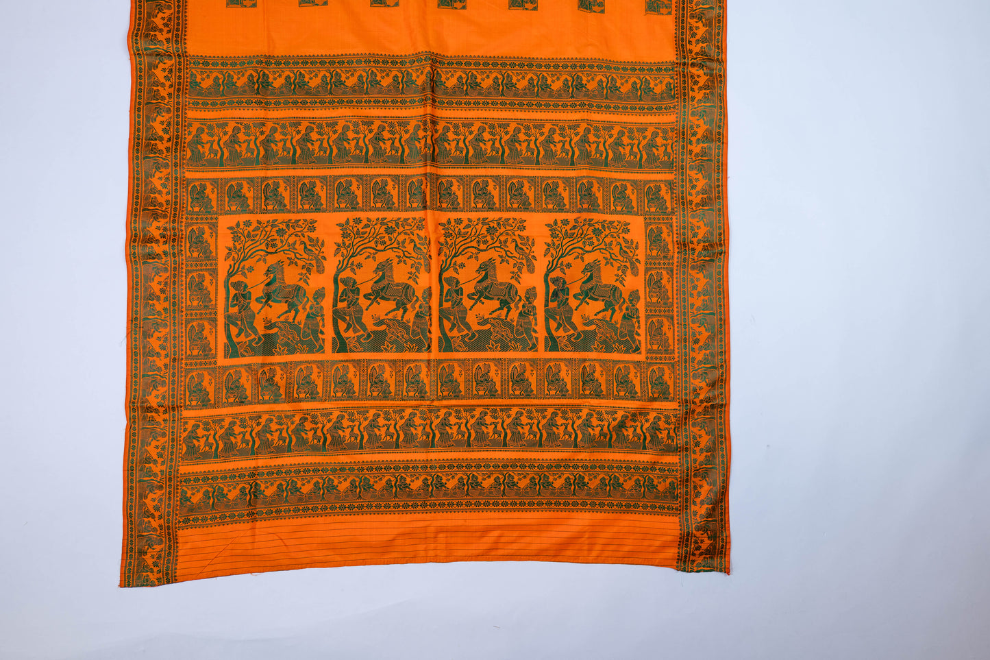 Aadarshini~ Fanta Orange & Green Baluchari Pure Silk Saree