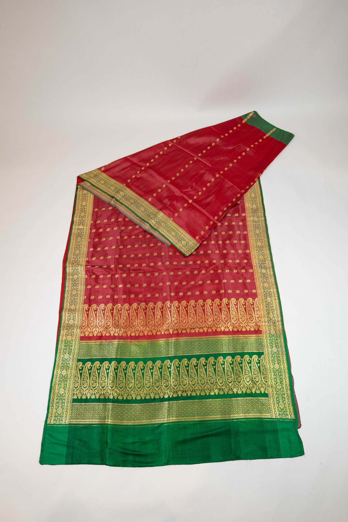 Veda~ Pinkish Red & Green Banarasi Saree