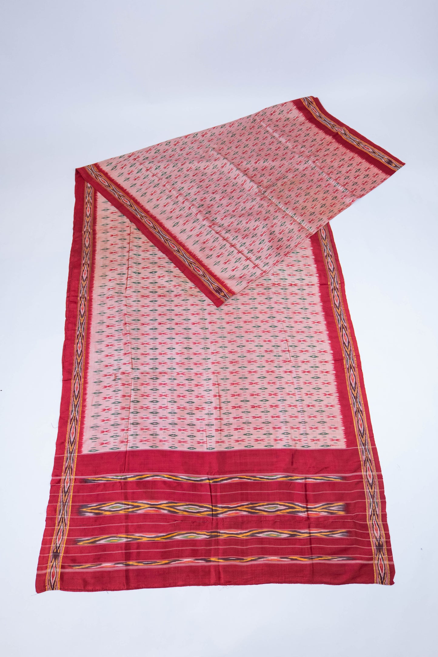 Aarya~ Peach & Roli Red Pochampally Pure Silk Saree