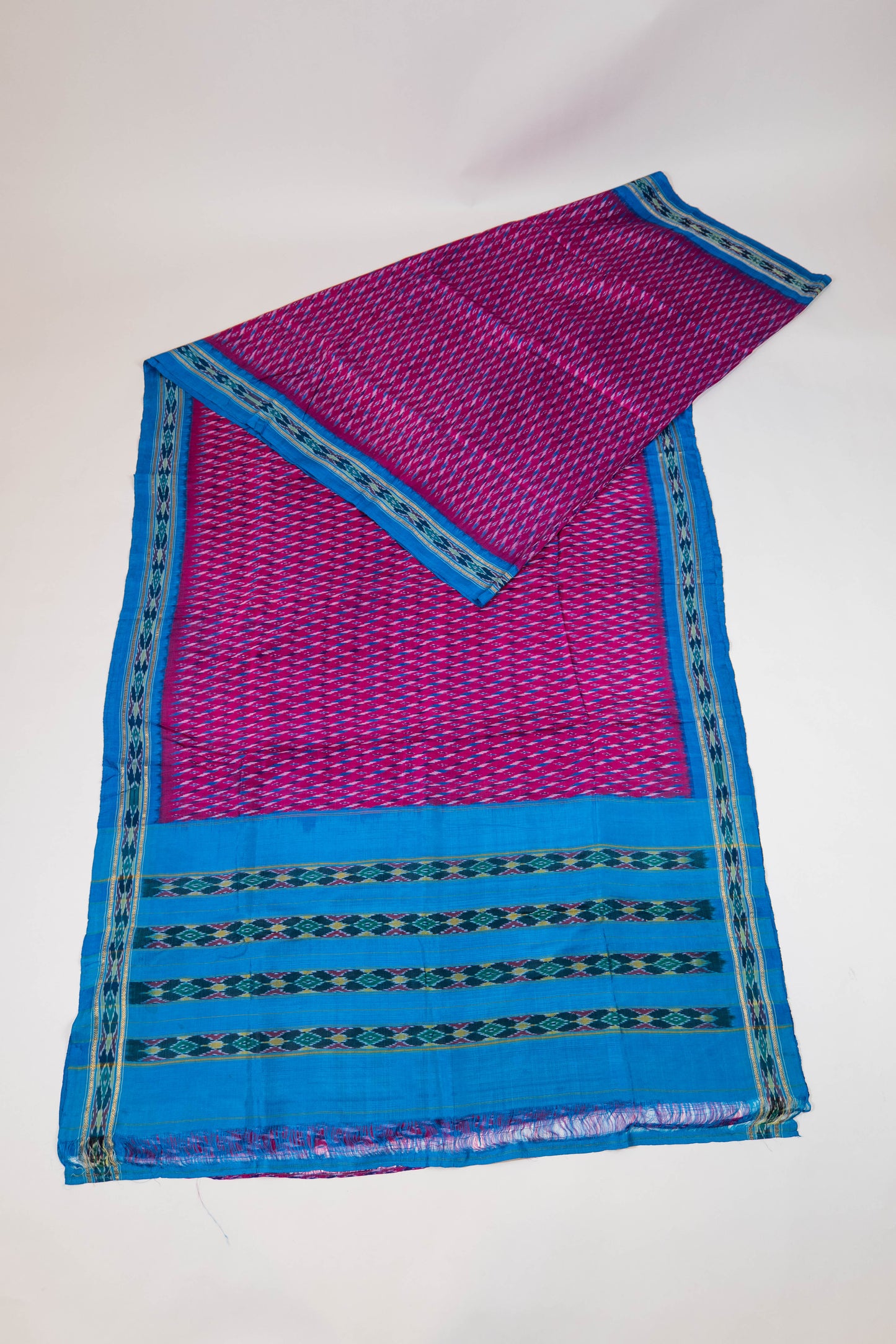 Aashna~ Magenta Pink & Teal Blue Pochampally Pure Silk Saree