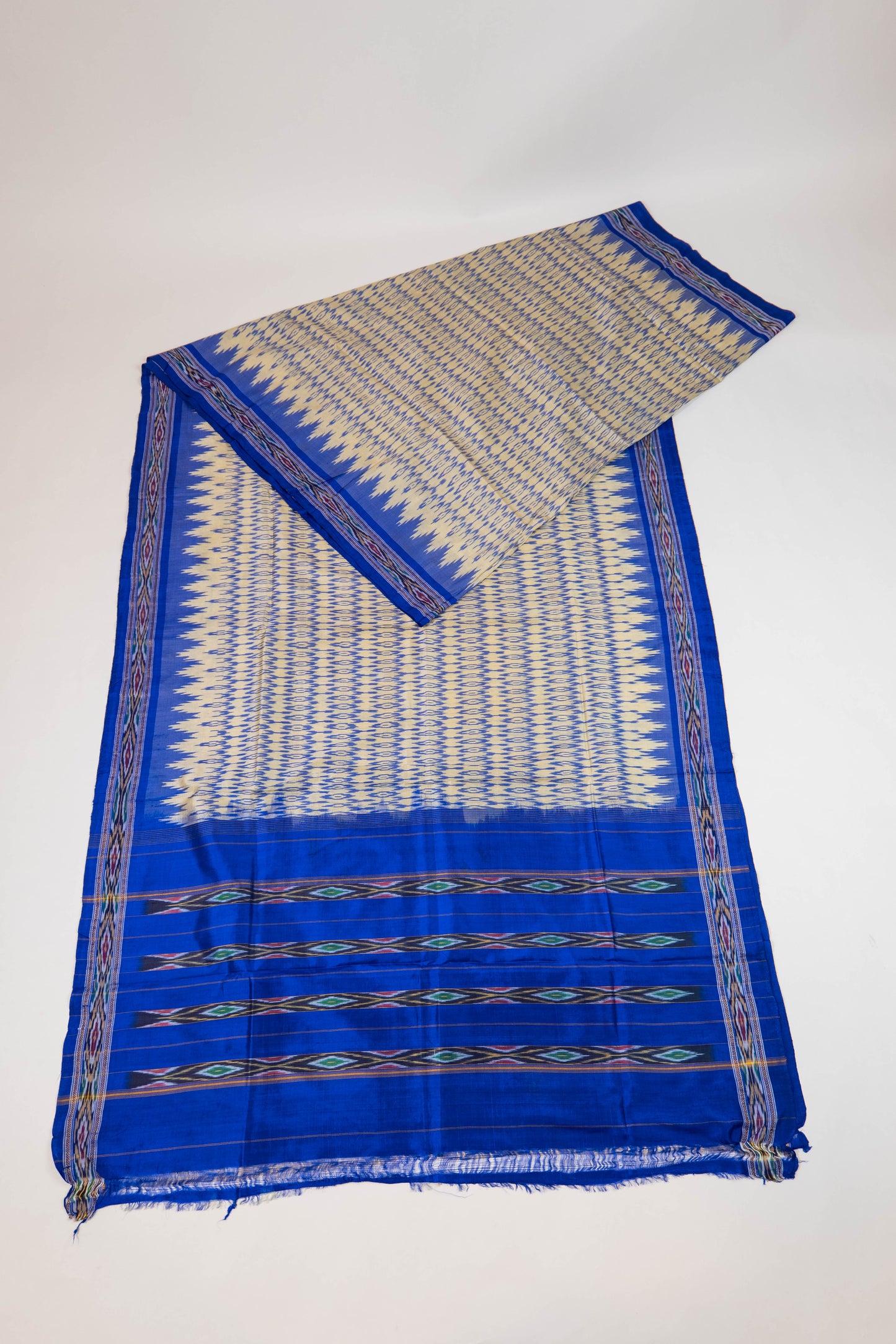 Aashika~ Cream & Blue Pochampally Pure Silk Saree