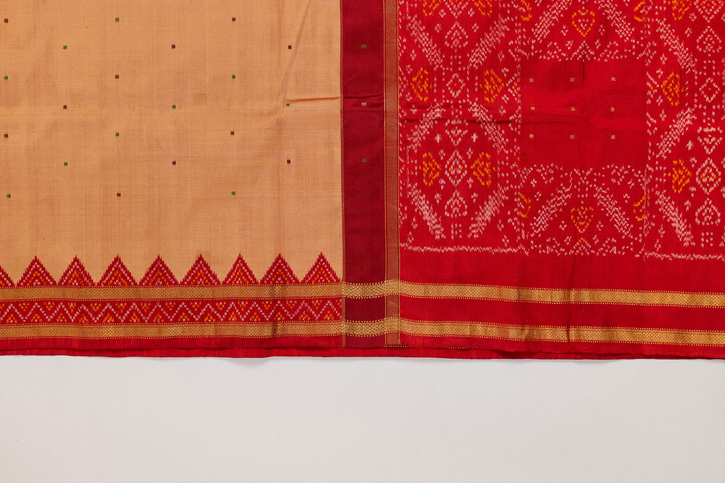 Ambuja~ Roli Red & Peach Single Ikkat Pure Silk Saree with Intricate Borders