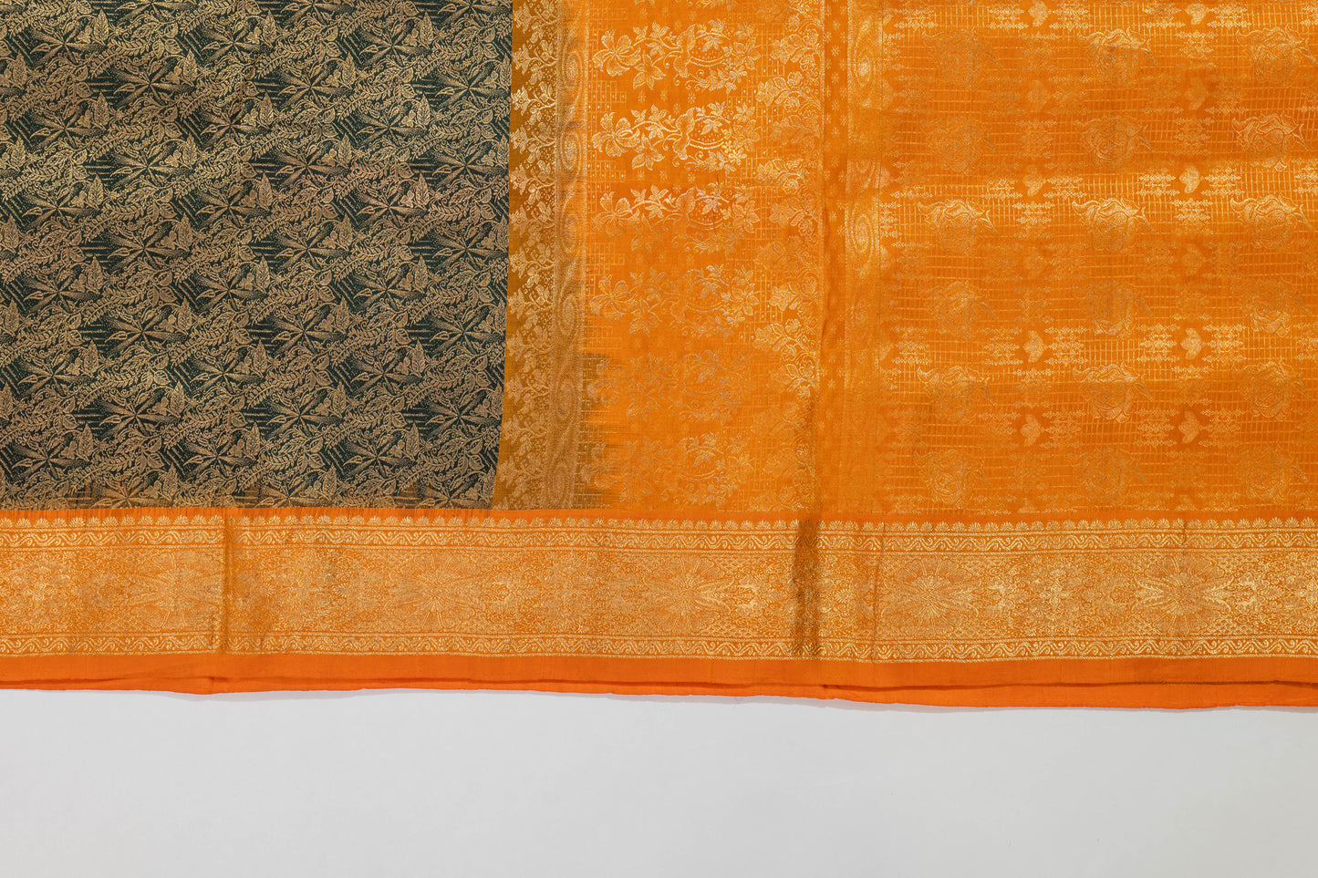 Vaani~Forest Green Orange Pure Silk Kanjivaram Saree