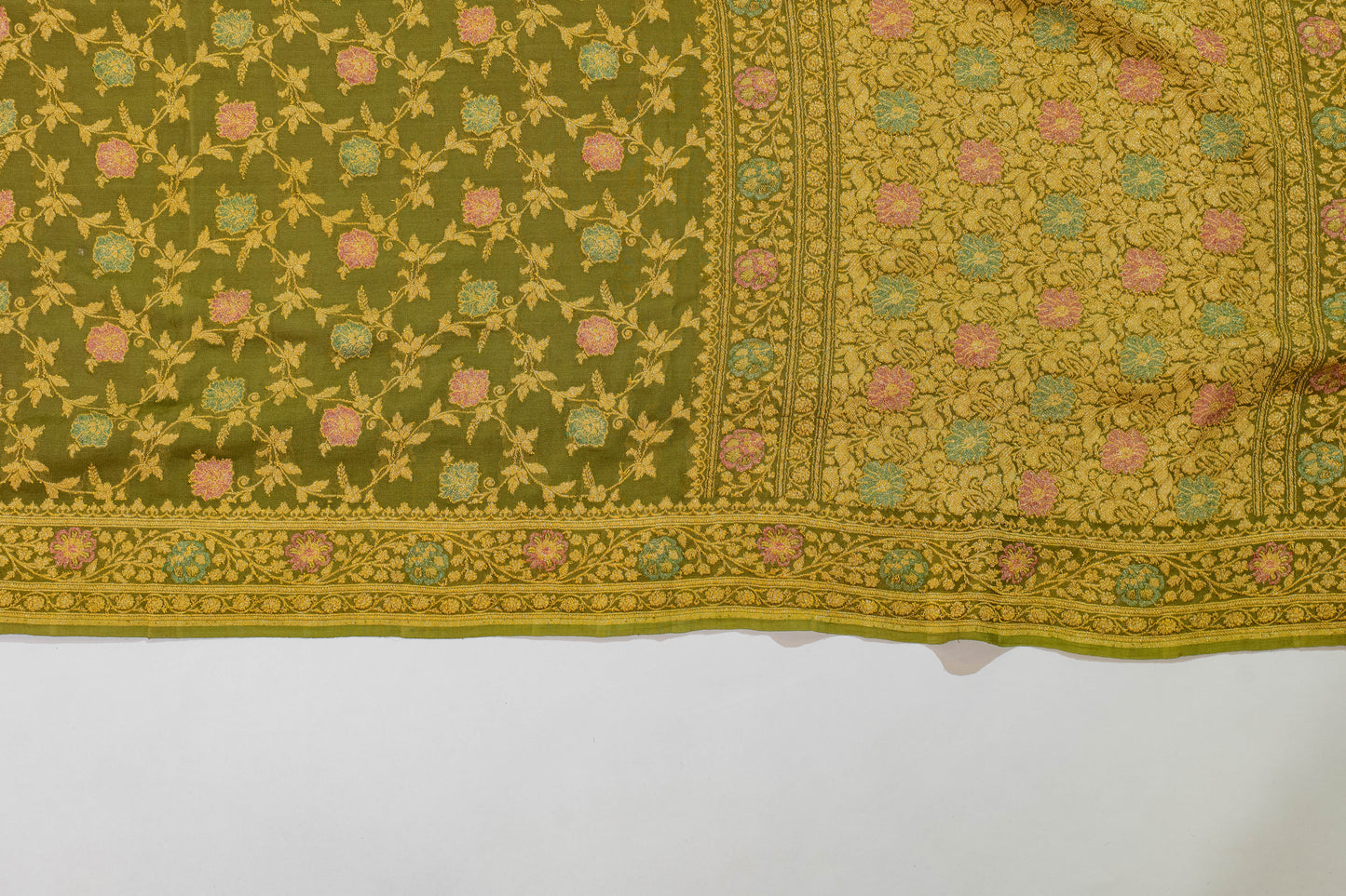 Durgmoha~Olive Green Khaddi Georgette Banarsee Saree