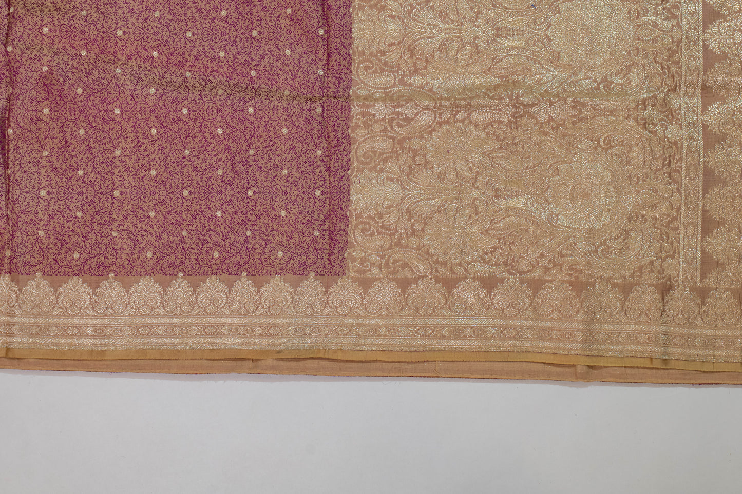 Durgbhama~Beige Pink Tanchoi Saree