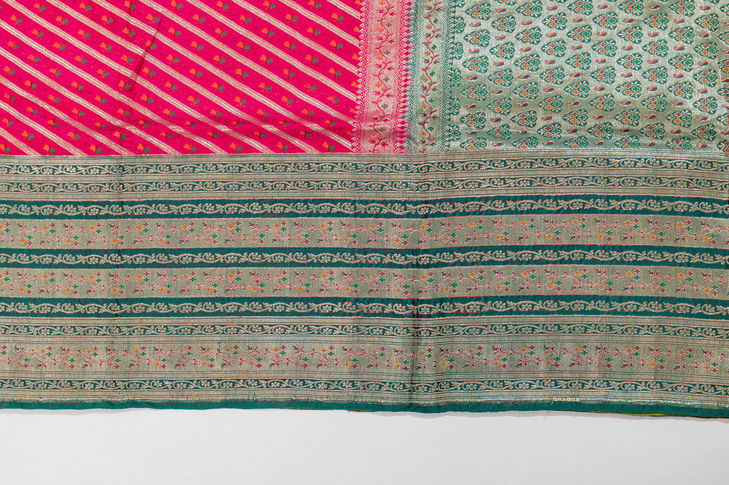 Anila~Pink Green Banarsee Saree