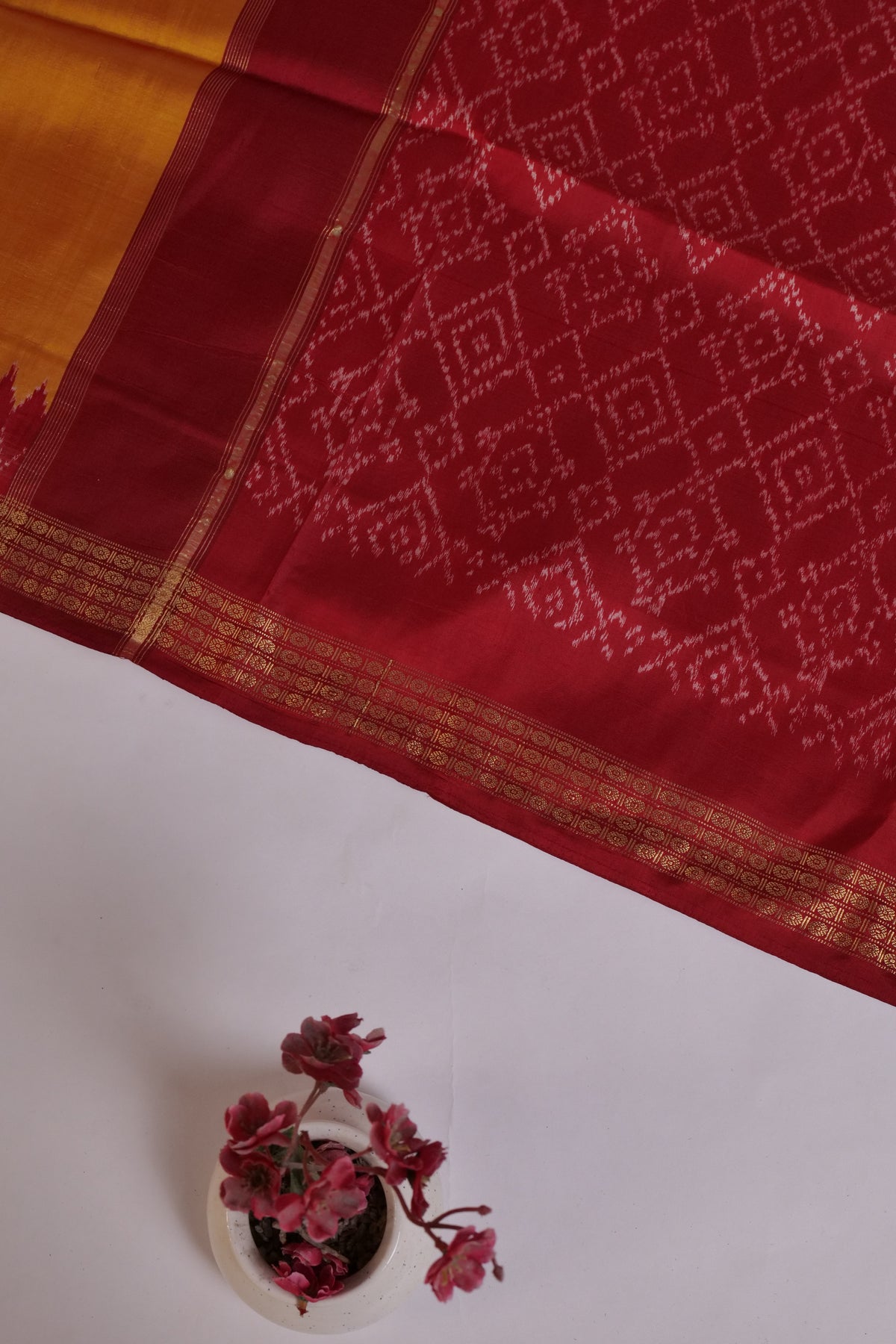 Sundari~Ikkat Saree Yellow Roli Red