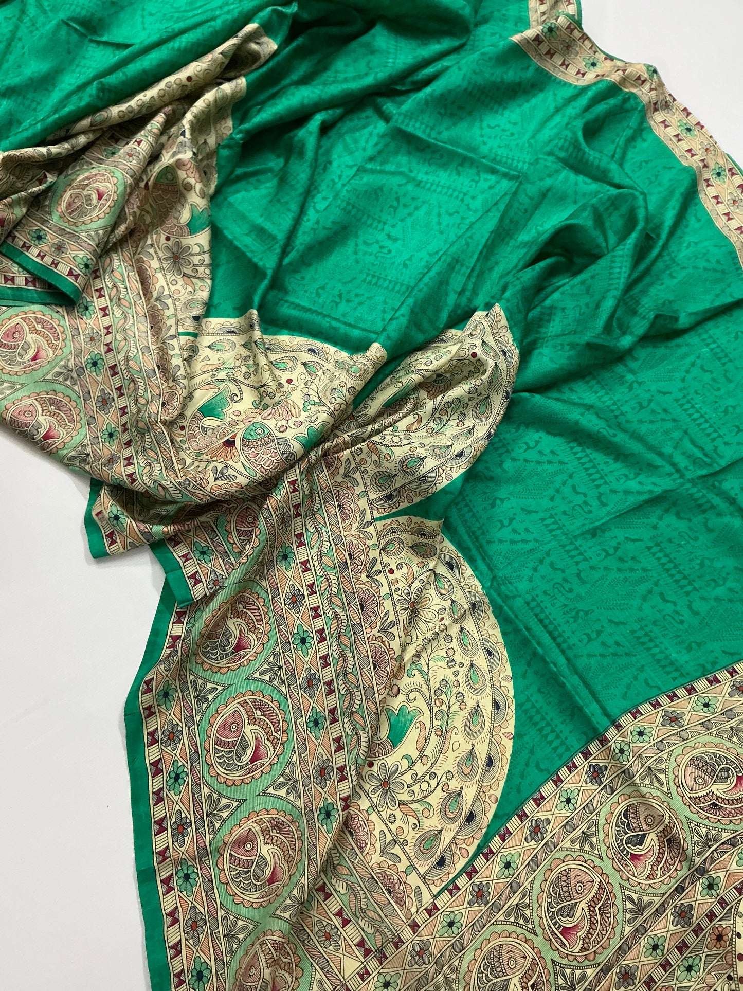 Panna ~ Pure Bishnupuri Silk Madhubani Printed Saree