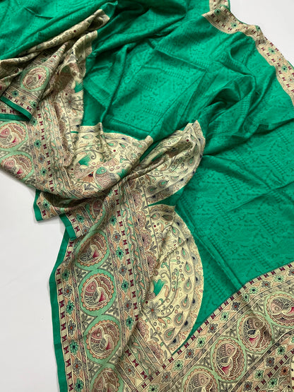 Panna ~ Pure Bishnupuri Silk Madhubani Printed Saree