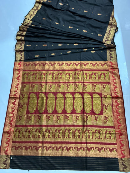 Kajal~ Black & Red pure silk Swaranchuri Saree