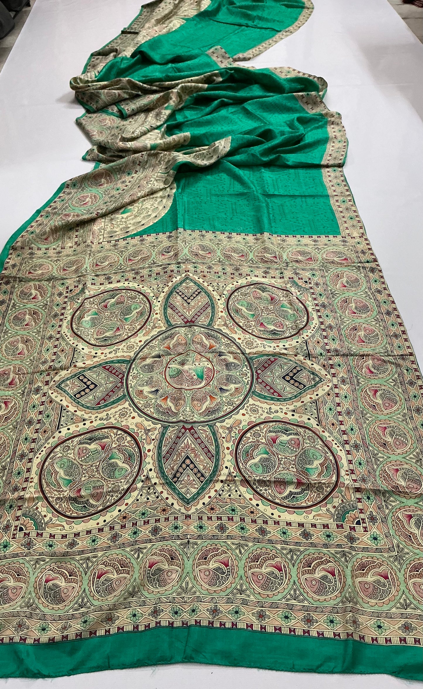 Panna ~ Pure Bishnupuri Silk Madhubani Printed Saree