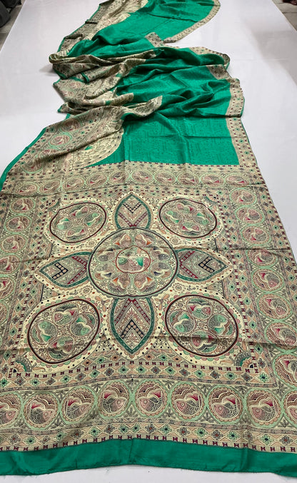 Panna ~ Pure Bishnupuri Silk Madhubani Printed Saree