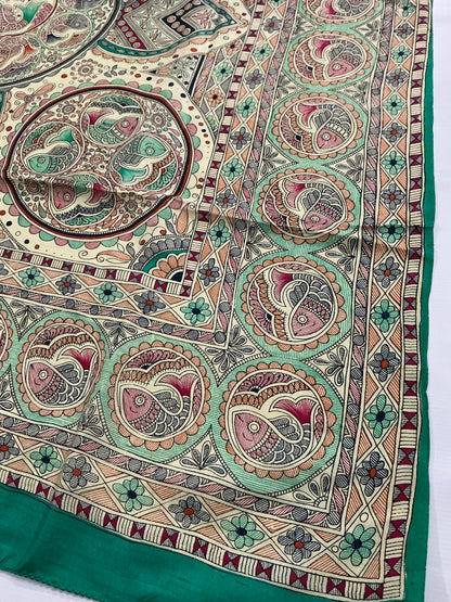 Panna ~ Pure Bishnupuri Silk Madhubani Printed Saree