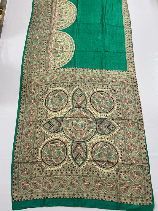 Panna ~ Pure Bishnupuri Silk Madhubani Printed Saree