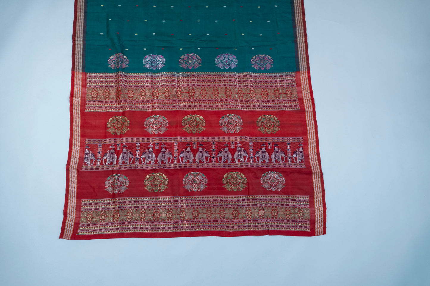 Green & Red Bomkai Silk Saree – Odisha’s Woven Fusion of Tradition and Art