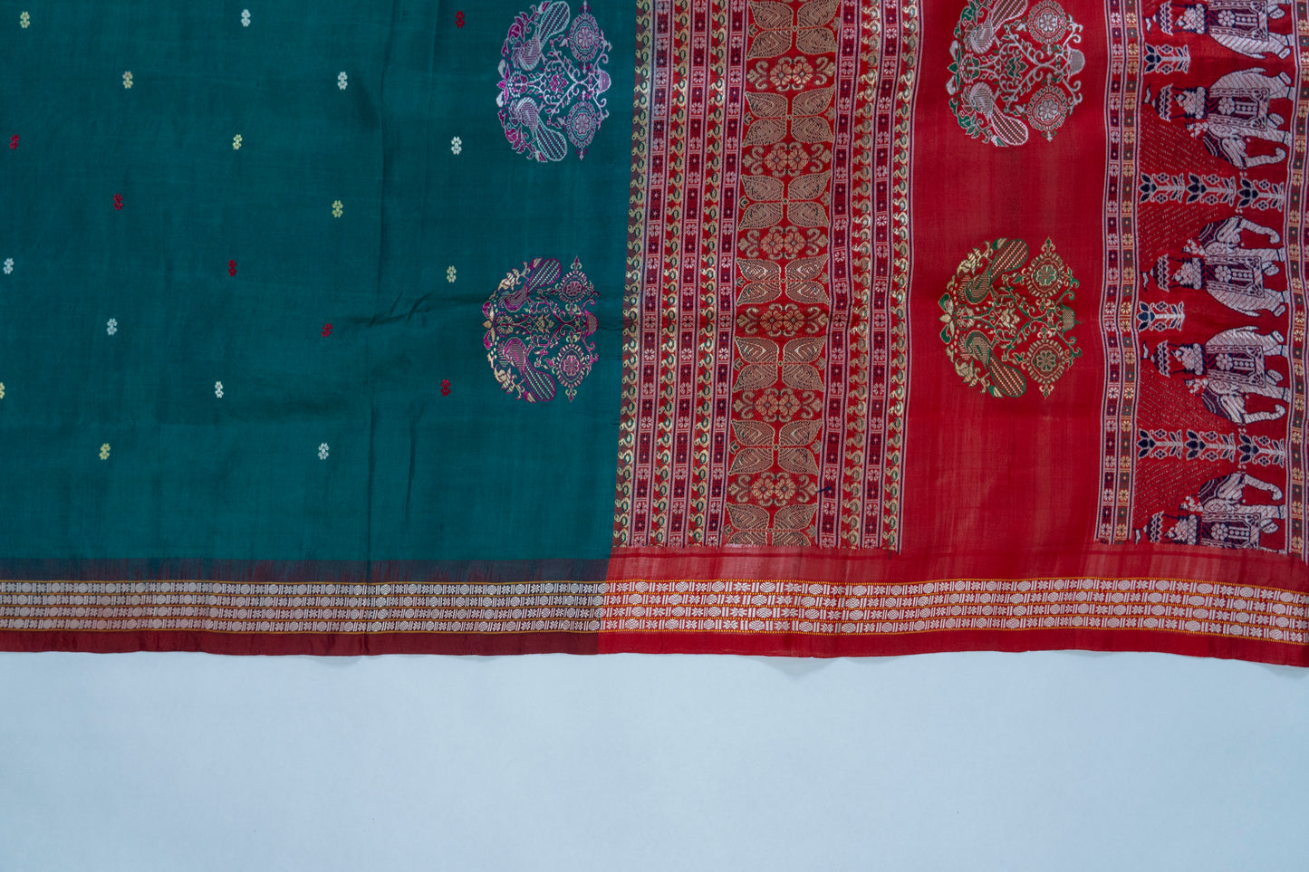 Green & Red Bomkai Silk Saree – Odisha’s Woven Fusion of Tradition and Art