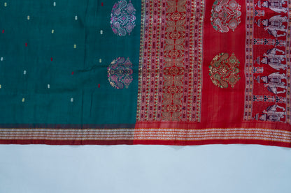 Green & Red Bomkai Silk Saree – Odisha’s Woven Fusion of Tradition and Art