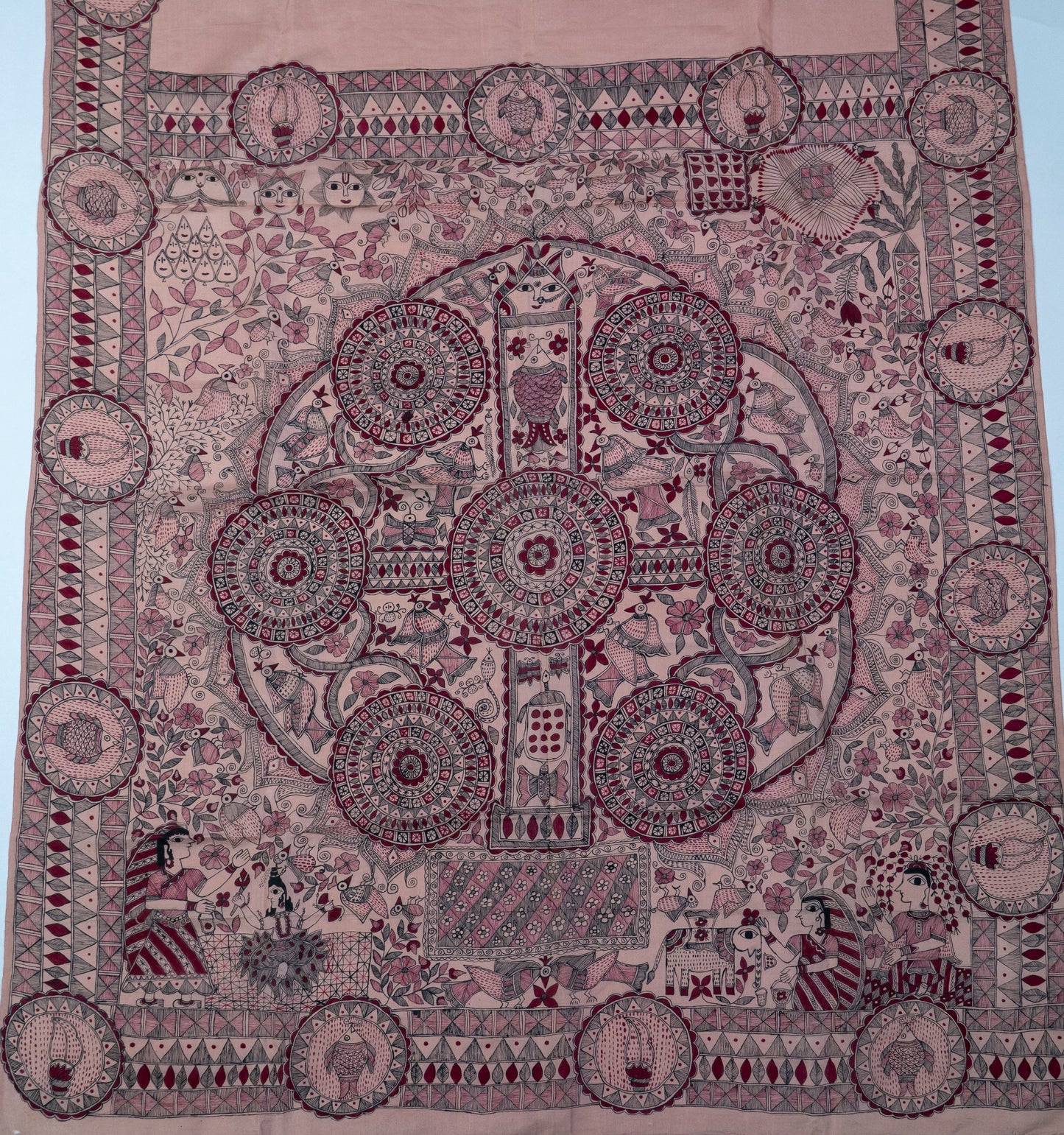 Pale Pink Madhubani Silk Saree – Bihar’s Folk Art on a Canvas of Silk