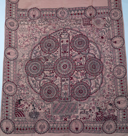 Pale Pink Madhubani Silk Saree – Bihar’s Folk Art on a Canvas of Silk