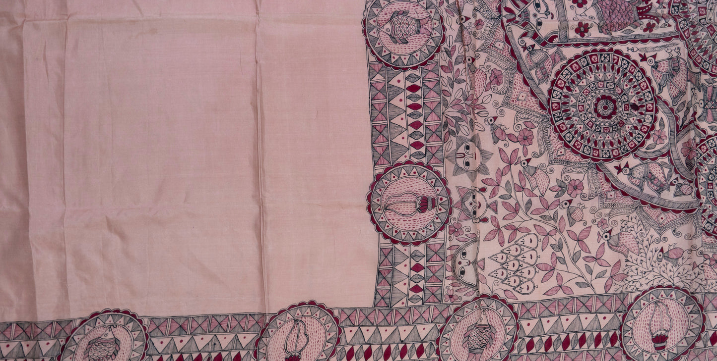 Pale Pink Madhubani Silk Saree – Bihar’s Folk Art on a Canvas of Silk