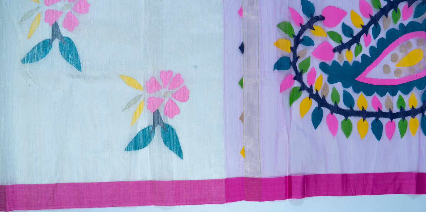 Kumudini~ Tussar & Muslin Silk Jamdani Saree – Bengal’s Loomed Poetry in Silk