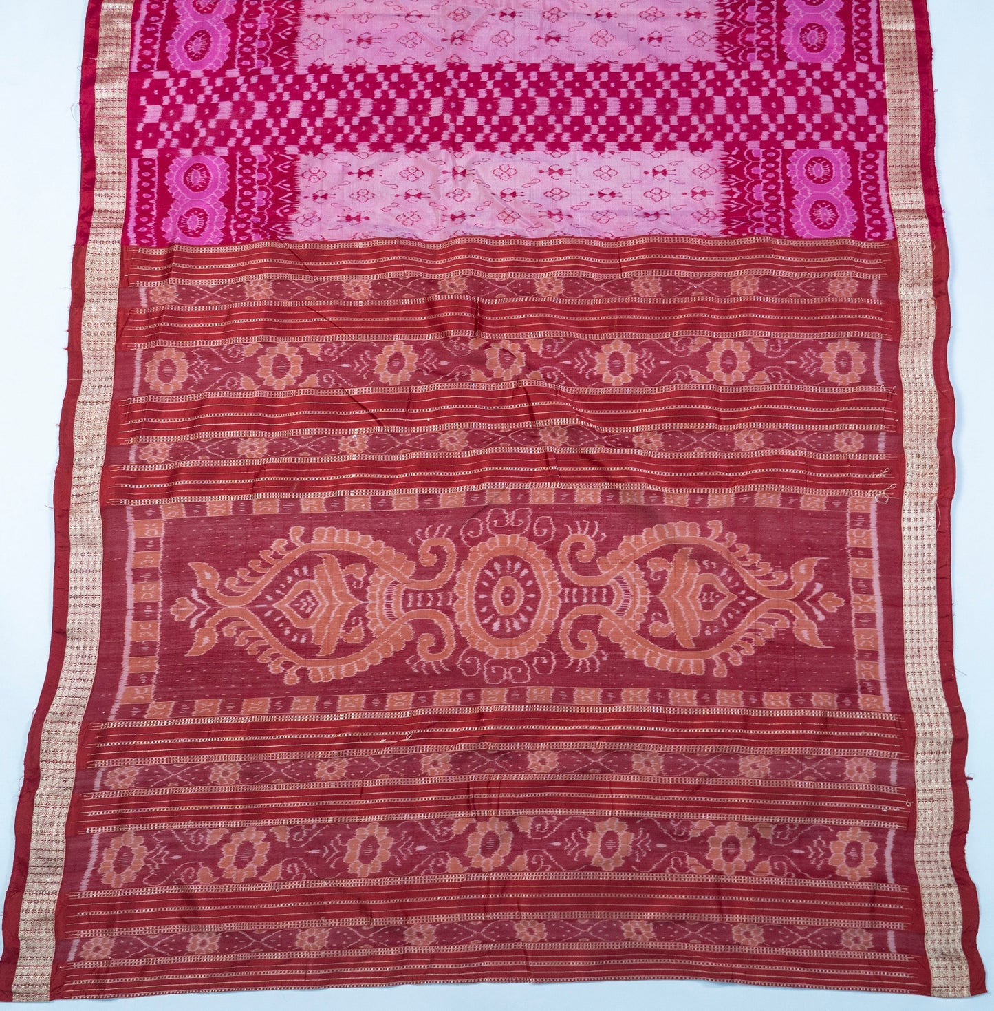 Guldaudi~ Red-Pink Sambalpuri Silk Saree – Odisha’s Timeless Ikat in Vibrant Hues