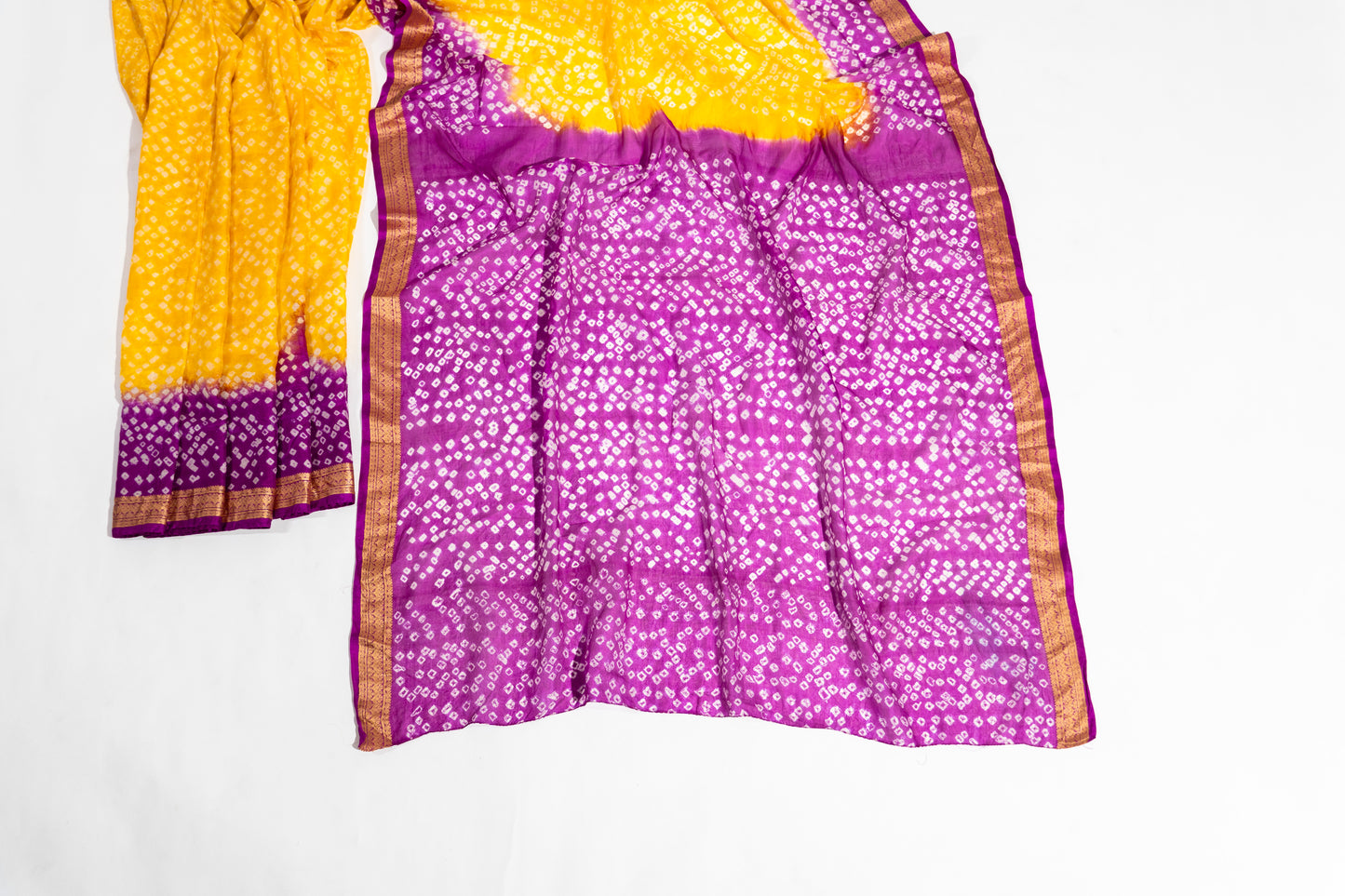 Leela - Purple Yellow Pure Silk Bandhej Saree