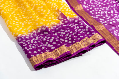 Leela - Purple Yellow Pure Silk Bandhej Saree