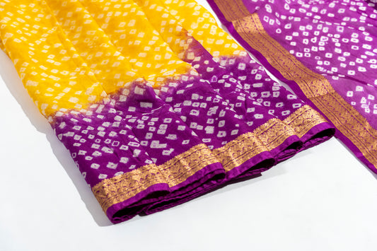 Leela - Purple Yellow Pure Silk Bandhej Saree