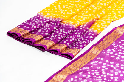 Leela - Purple Yellow Pure Silk Bandhej Saree