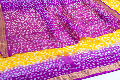 Leela - Purple Yellow Pure Silk Bandhej Saree