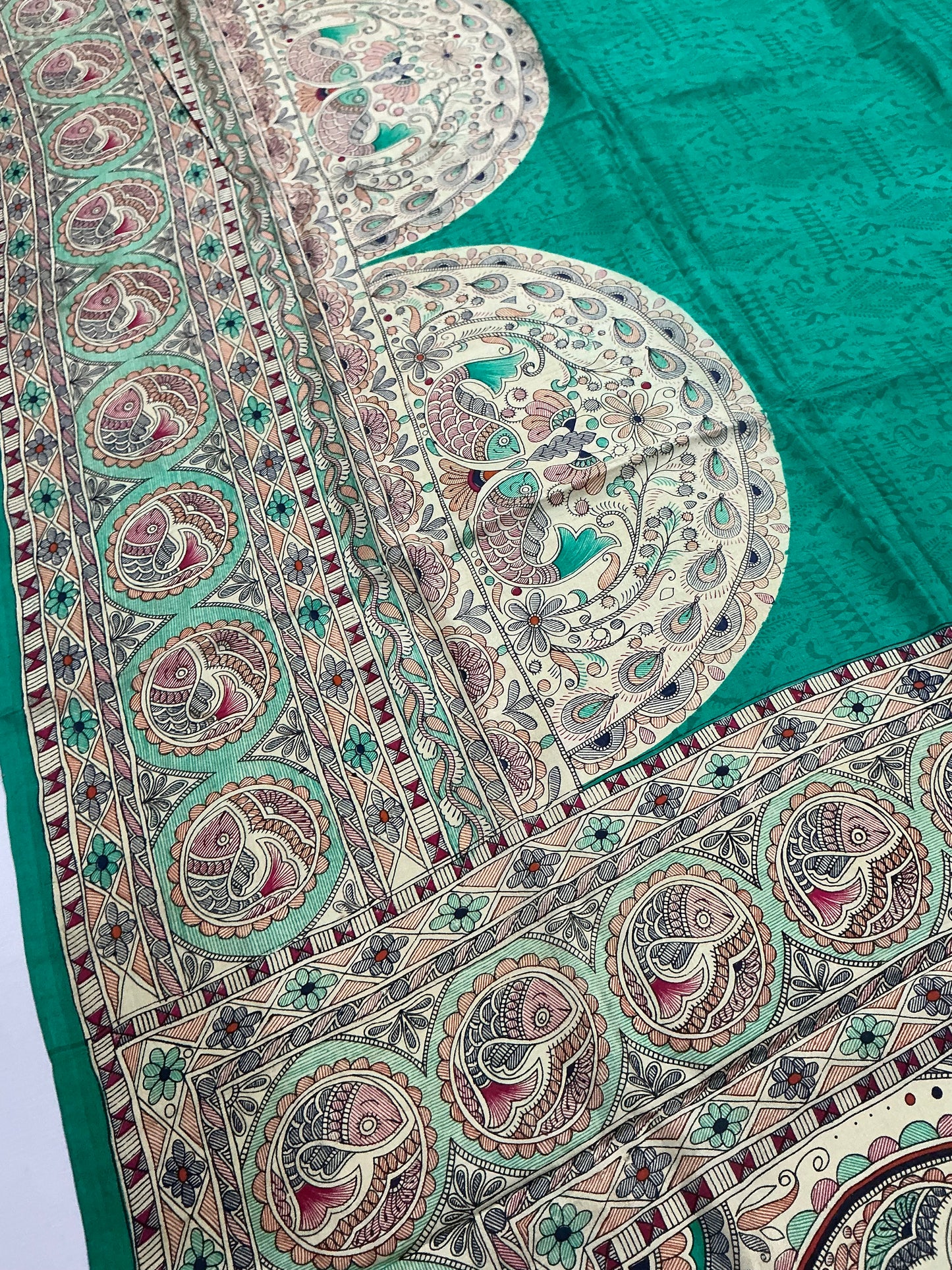 Panna ~ Pure Bishnupuri Silk Madhubani Printed Saree