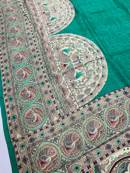 Panna ~ Pure Bishnupuri Silk Madhubani Printed Saree