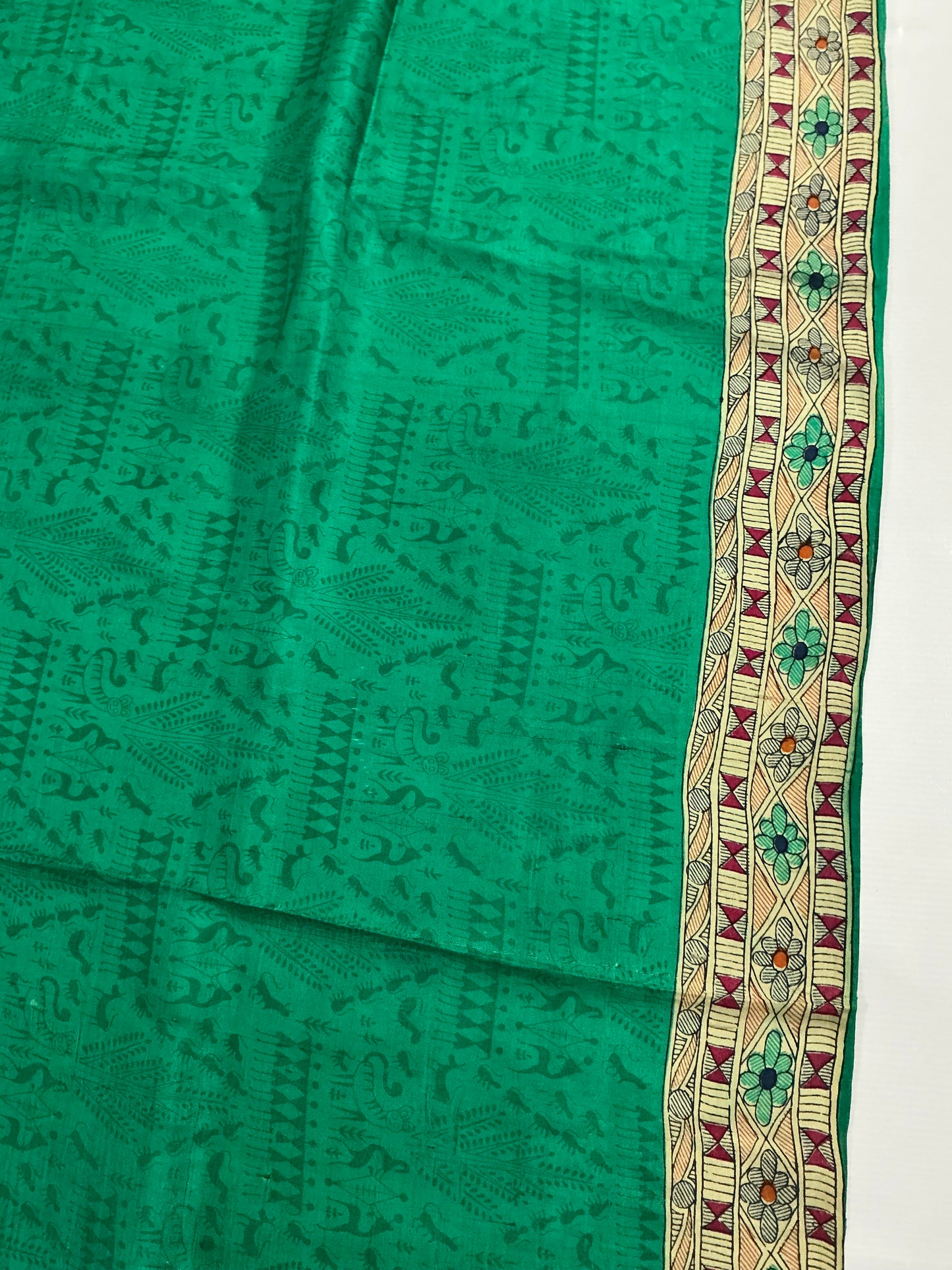 Panna ~ Pure Bishnupuri Silk Madhubani Printed Saree