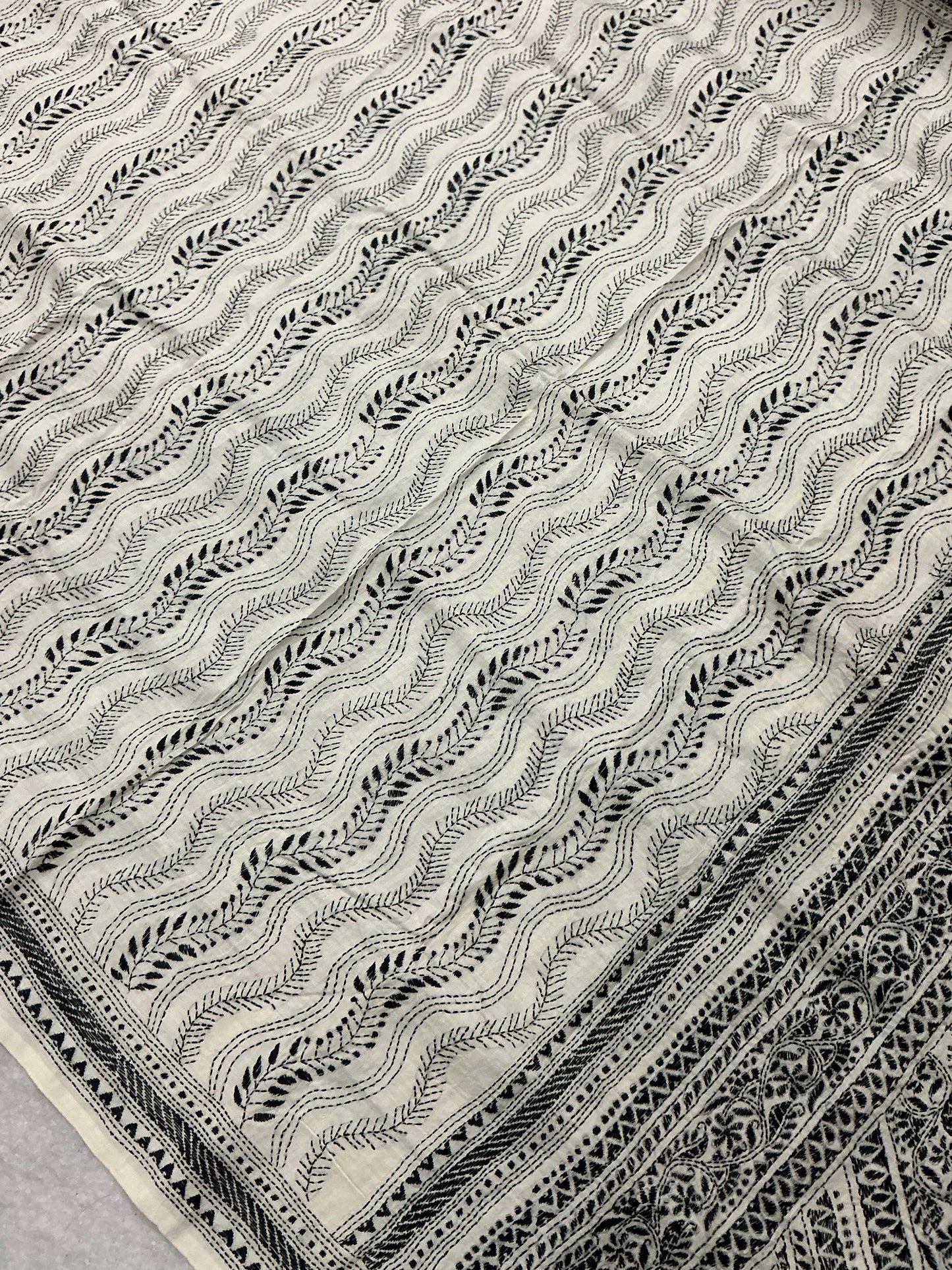 Dhavalpushp~ Kantha Embroidered Ivory Pure Tussar Silk Saree