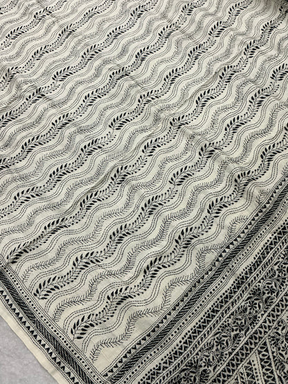 Dhavalpushp~ Kantha Embroidered Ivory Pure Tussar Silk Saree