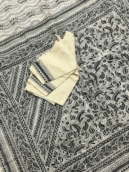 Dhavalpushp~ Kantha Embroidered Ivory Pure Tussar Silk Saree