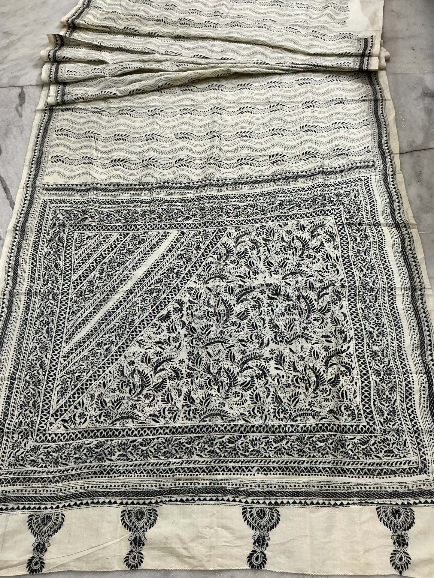 Dhavalpushp~ Kantha Embroidered Ivory Pure Tussar Silk Saree