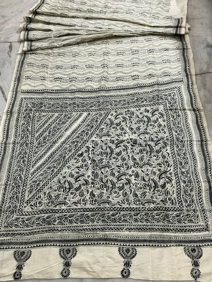 Dhavalpushp~ Kantha Embroidered Ivory Pure Tussar Silk Saree