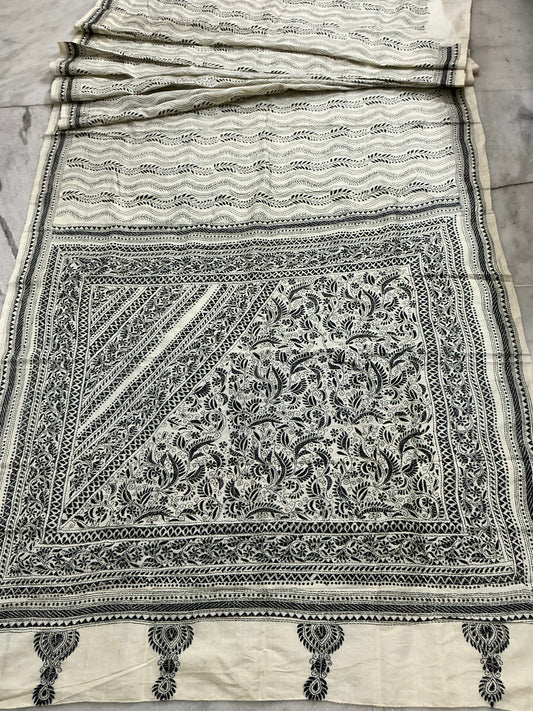 Dhavalpushp~ Kantha Embroidered Ivory Pure Tussar Silk Saree