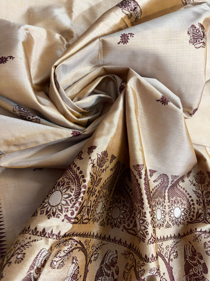 Aadarshini~ Fawn Pure Silk Meenakari Baluchari Saree