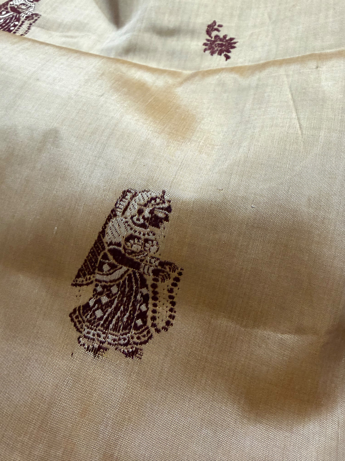 Aadarshini~ Fawn Pure Silk Meenakari Baluchari Saree