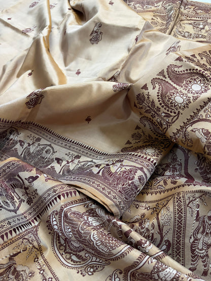 Aadarshini~ Fawn Pure Silk Meenakari Baluchari Saree