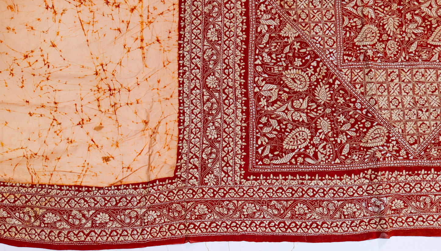Naagdamini~ Deep Maroon & Ivory Pure Crepe Silk Saree with Hand Batik & Kantha Embroidery – A Heritage Weave from Bengal